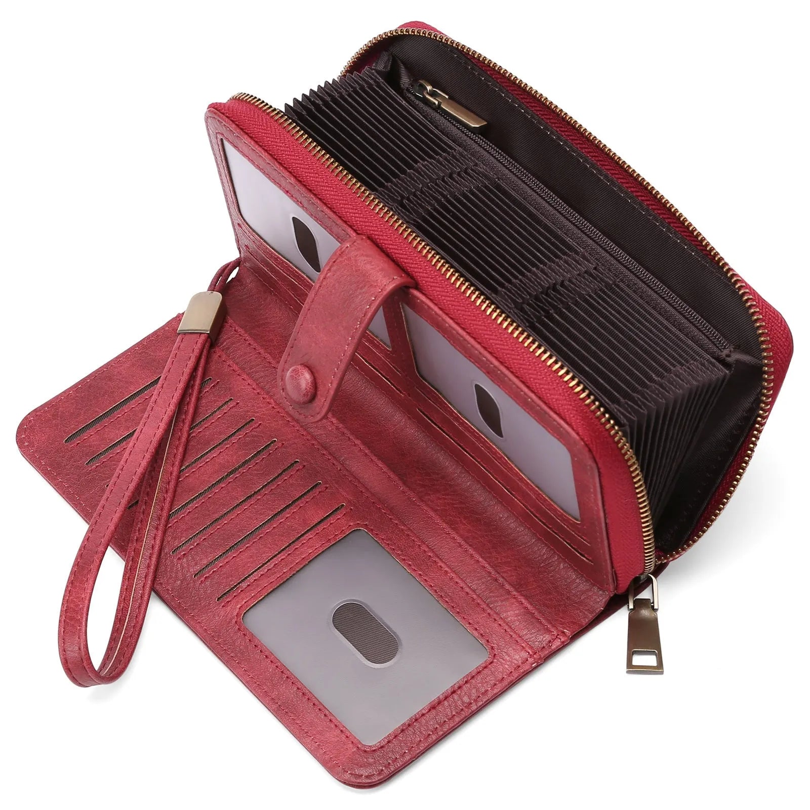Women's long expanding card holder wallet in synthetic leather with anti-theft swiping feature