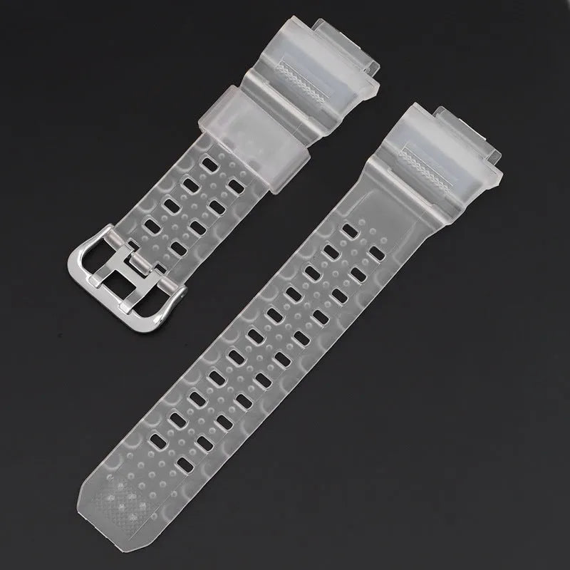 Camouflage pattern TPU watch strap with silver buckle closure shown in multiple colour options