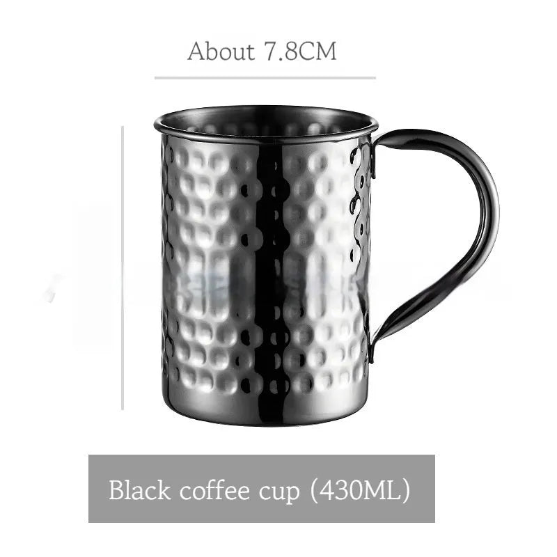 Stainless steel Moscow Mule cup with copper-plated finish in hammered and plain styles.