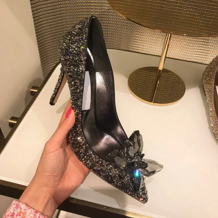 Gold women's pointed toe high heels with rhinestone decoration and stiletto heel