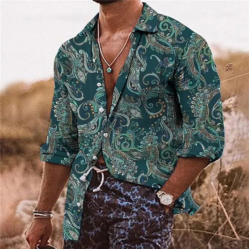 Men's loose fit long sleeve shirt with a colourful 3D floral digital print pattern.