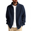 Loose-fit grey men's cardigan sweater on a hanger, front view.