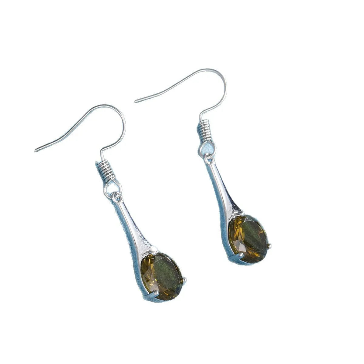Olive green topaz drop earrings with water drop shape and retro styling