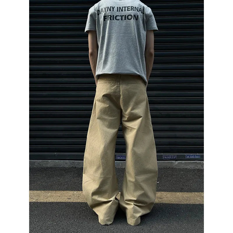 Men's khaki cotton straight-leg trousers showing American retro styling and solid colour