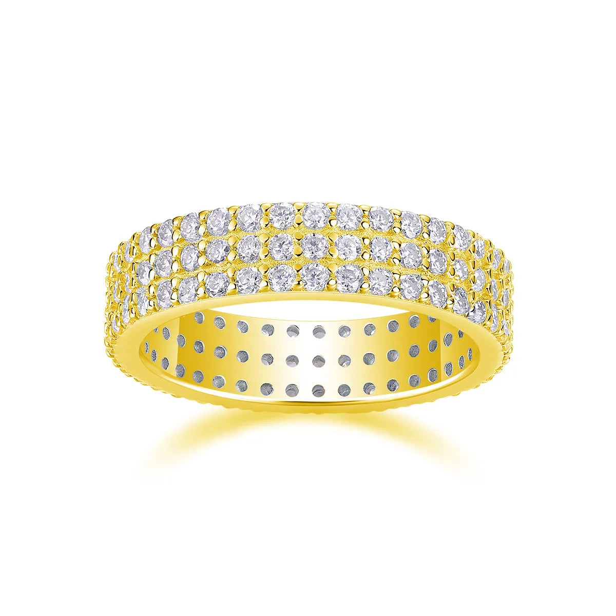 Moissanite wedding ring set in S925 silver with platinum plating, yellow gold colour, on white background