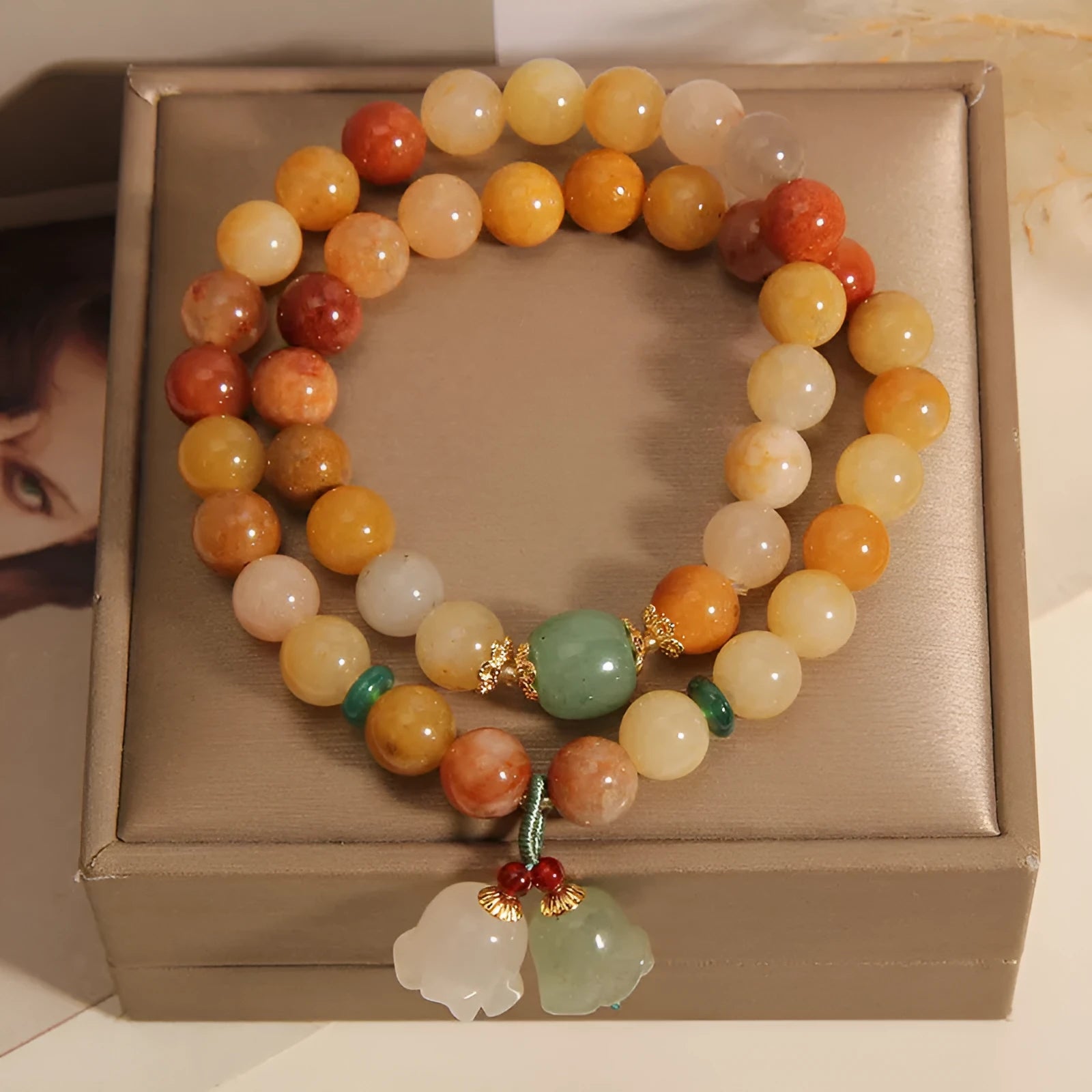 Natural jinsi jade multi-layer women's bracelet with orchid pendant on adjustable beaded design
