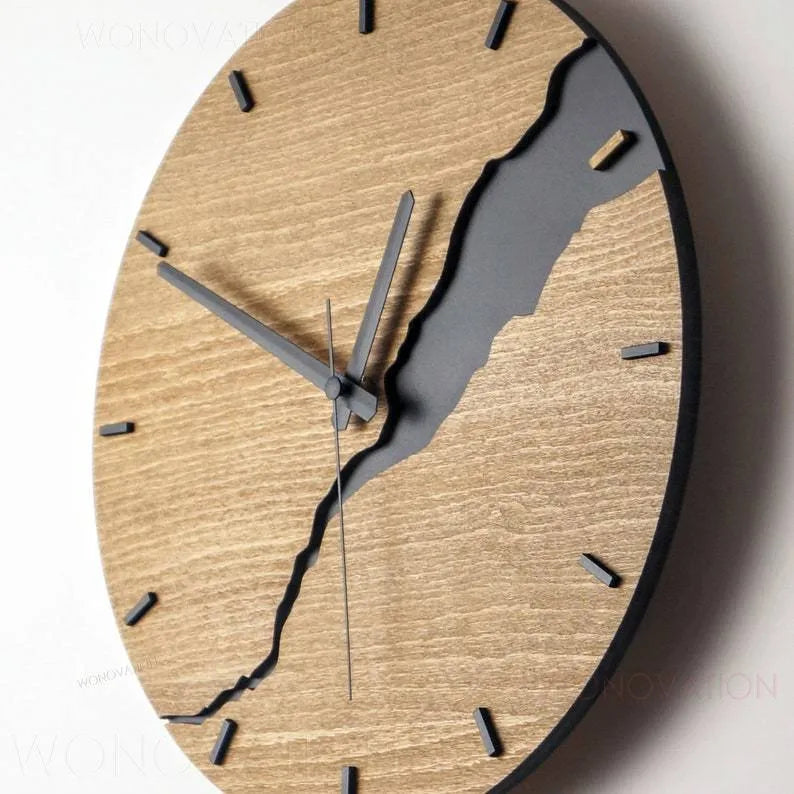 Modern wooden wall clock with crack effect finish, 20cm diameter, showing style option