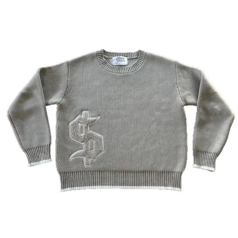 Grey jacquard knitwear coat loose-fitting pullover style with textured weave pattern