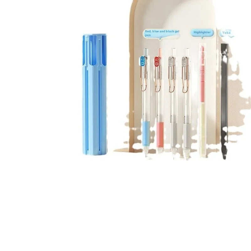 Six pen pencil case set with pressing pen in plastic construction available in Sky Blue, Vigorous White and Girl Pink colours
