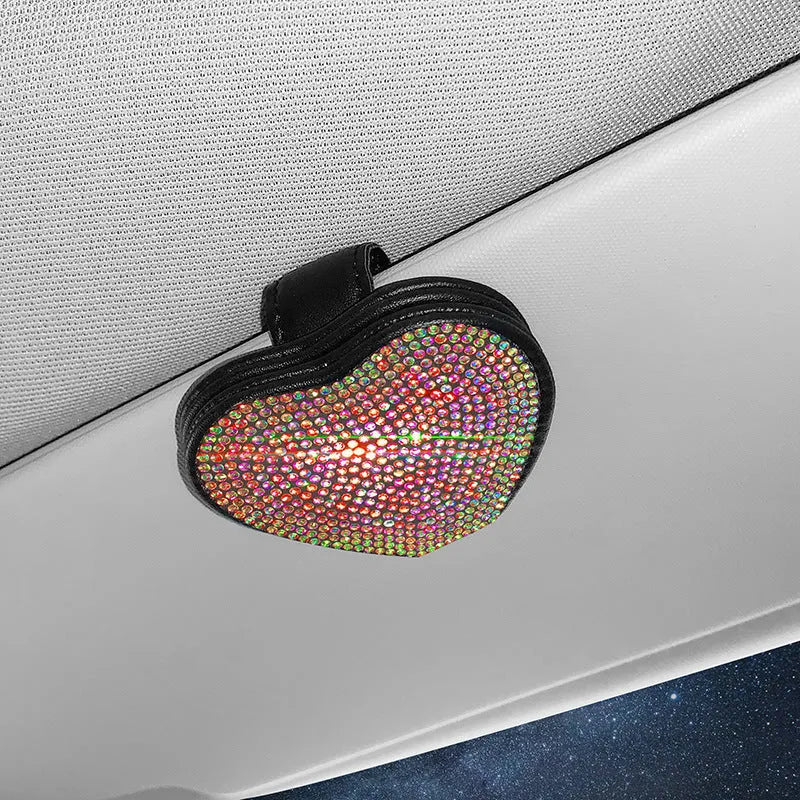 Diamond-encrusted PU leather car sun visor clip with magnetic closure for storing glasses and tickets.