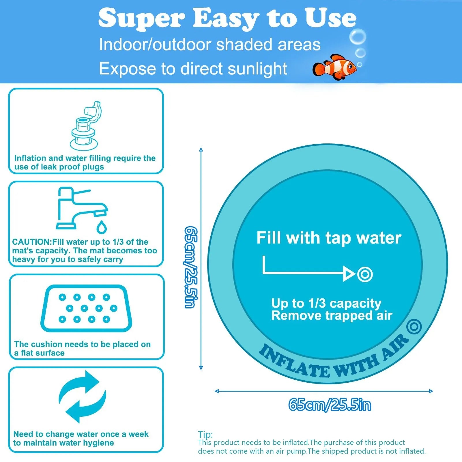Square blue water sensory playmat for cats and dogs with floating fish toys inside, on a home floor.