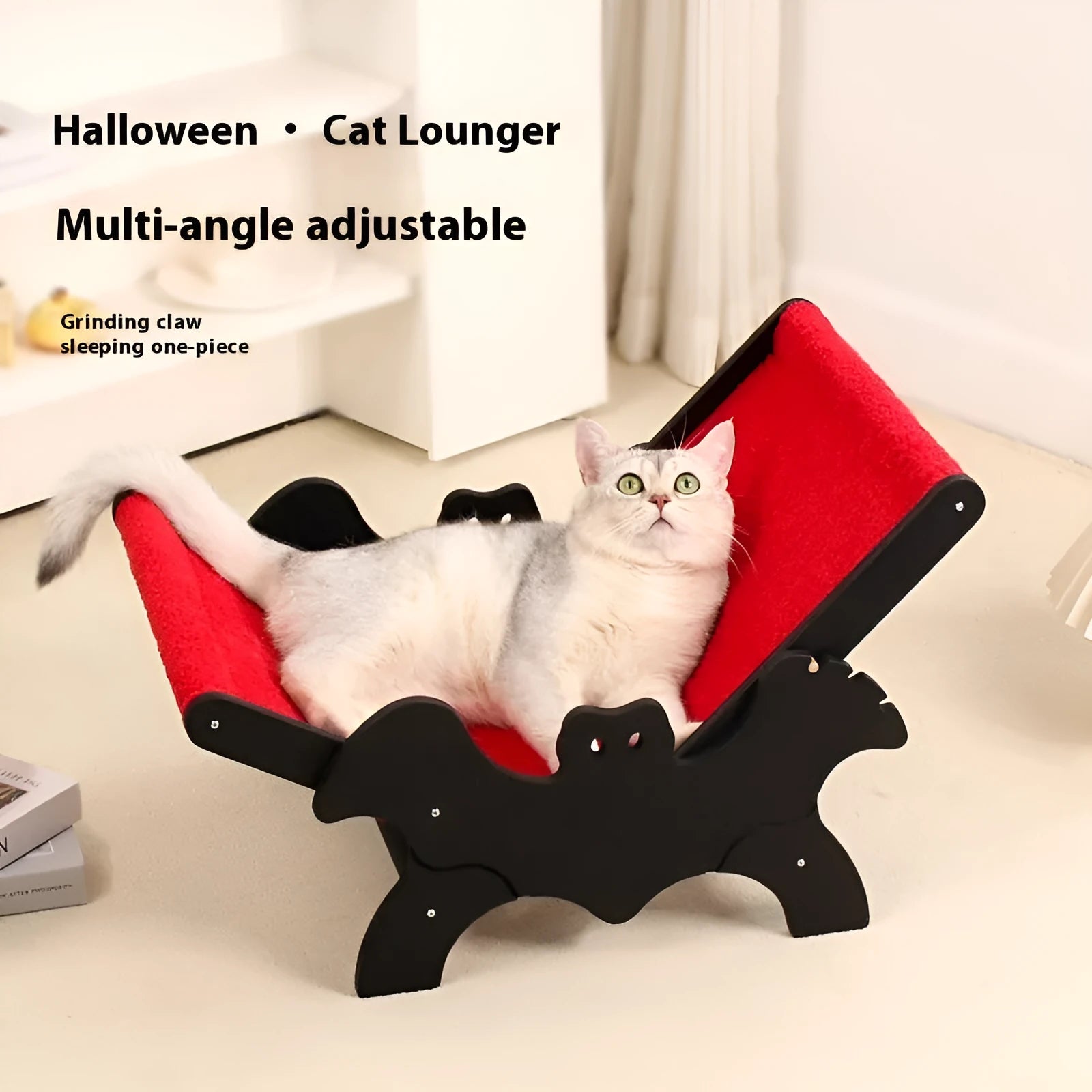 Black and red wooden cat recliner lounge chair with cage structure, model MW-054.