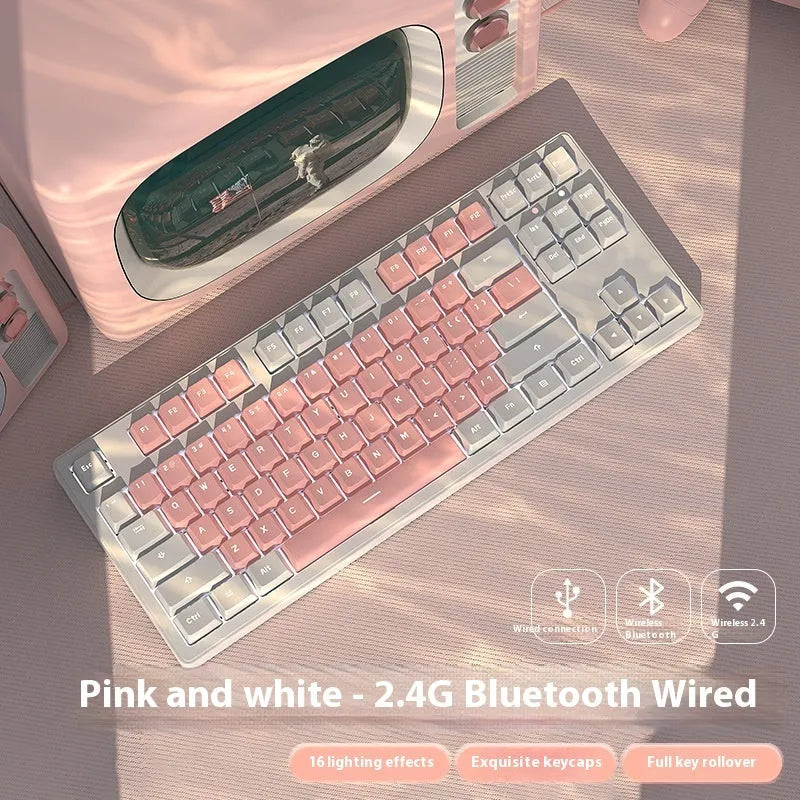 Wireless mechanical keyboard with three connection modes, shown in a choice of 87-key or 108-key layouts and various colour themes.