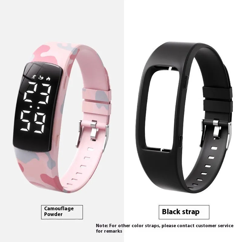 Electronic vibration alarm watch with LED display and silicone strap showing waterproof rating of 50 metres