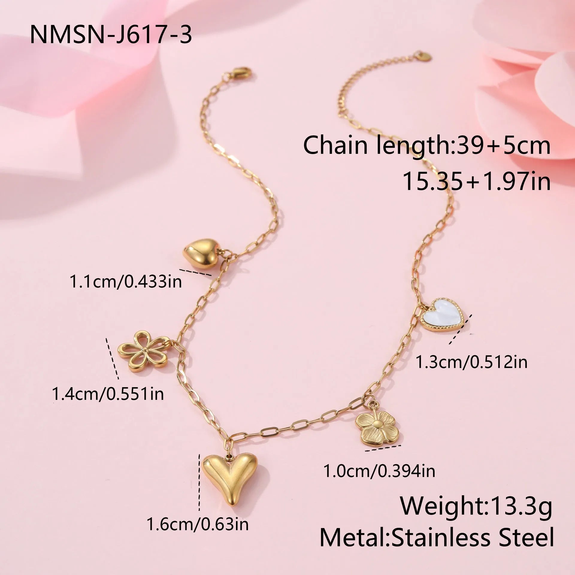 Stainless steel necklace with geometric sun pendant and gold electroplated finish on adjustable chain