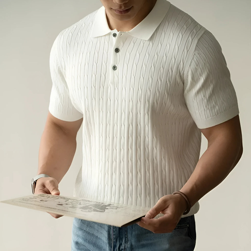 Men's khaki short sleeve casual top for business wear on a grey background