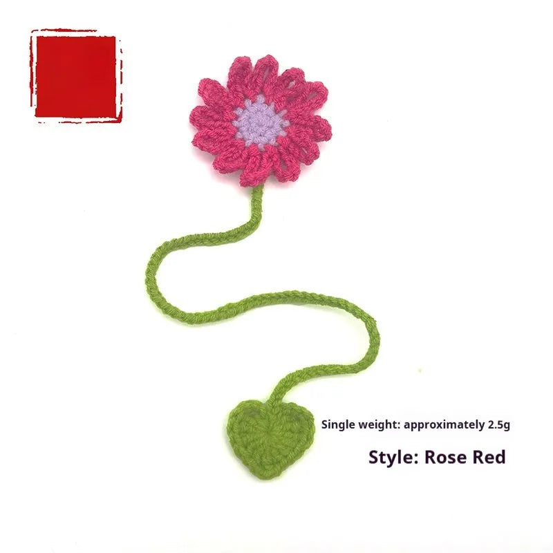 Hand-crocheted wool bookmark with daisy design on flexible wire in multiple colour options