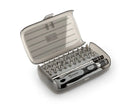 32-in-1 screwdriver set with 30 bits in compact black storage case measuring 130 x 75 x 37 mm