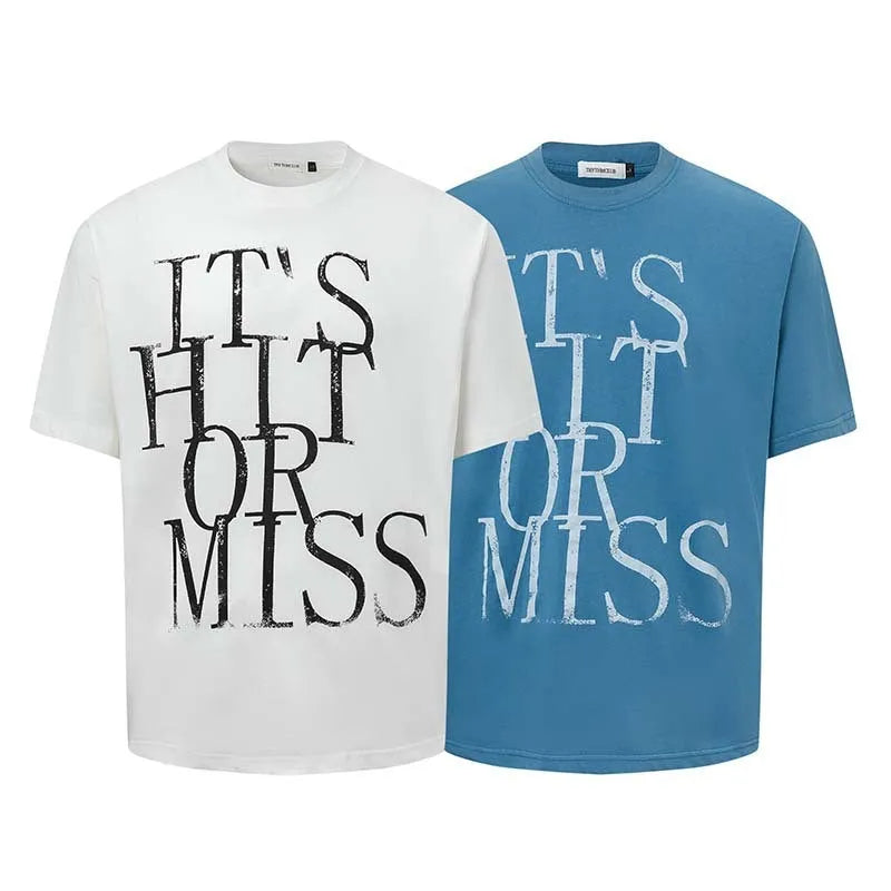 Men's blue American Retro letter printed loose fit cotton blend T-shirt