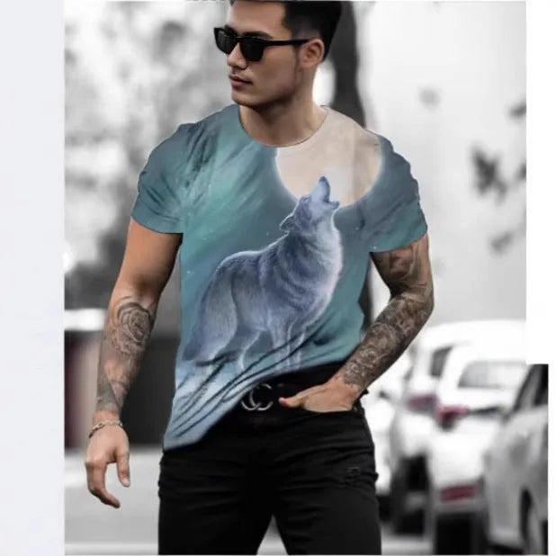 Man wearing a short-sleeved grey T-shirt with a detailed retro-style 3D animal graphic print on the front.