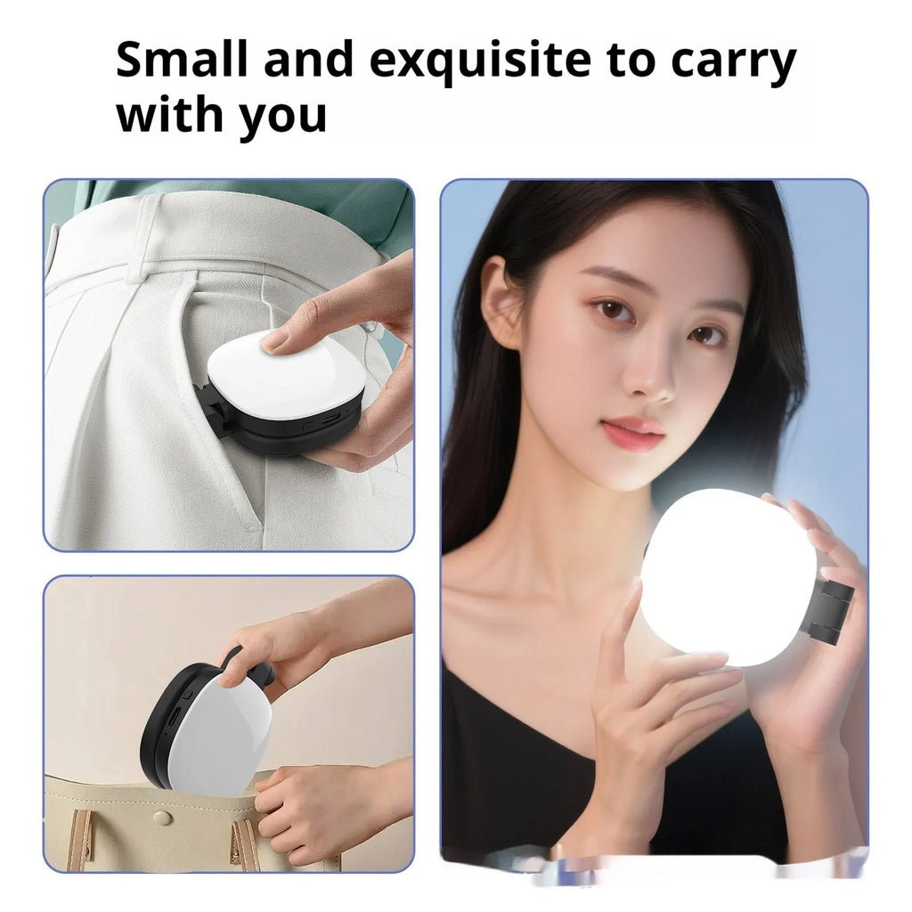 Black mini portable fill light with dial control magnetically attached to a mobile phone.