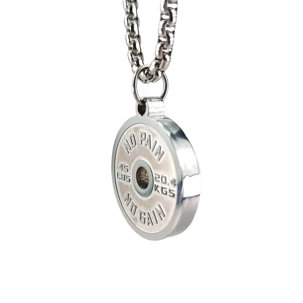 Polished stainless steel geometric barbell disk necklace on a choice of 60cm chains.