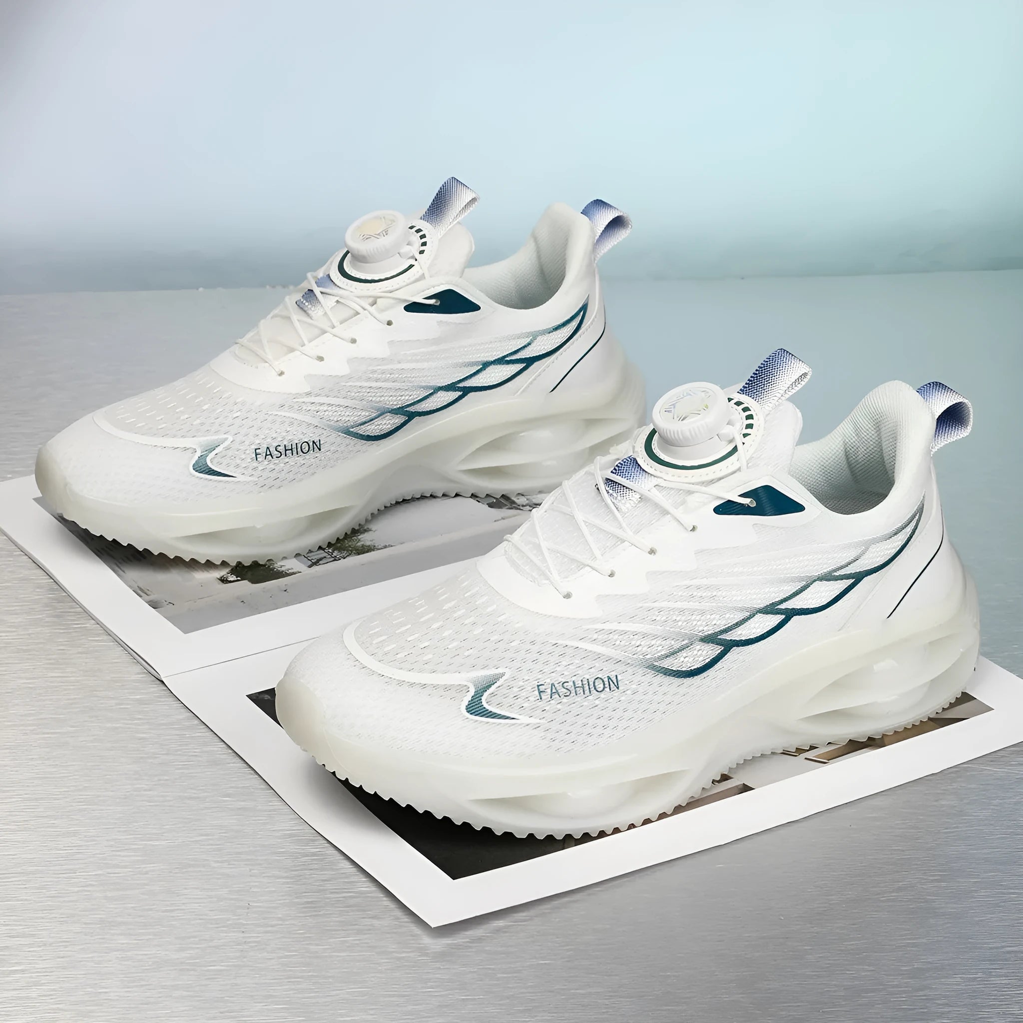 Casual breathable shoes in sky blue with PU mesh upper and rubber sole, lace-up design