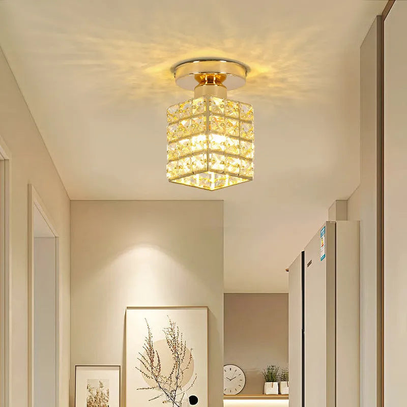 Modern minimalist balcony ceiling lamp with LED three-colour light and gold crystal finish on white ceiling
