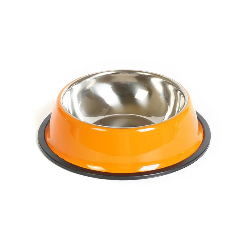 Stainless steel pet bowl with colourful melamine outer pot and non-slip rubber base