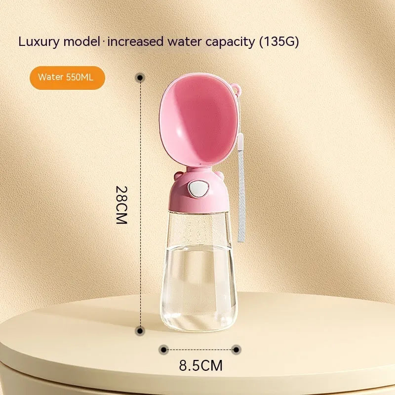 Portable dog water bottle with attached bowl in yellow, pink and brown colour options