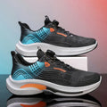 Men's white and blue mesh sneakers with rotating buckle closure and rubber sole