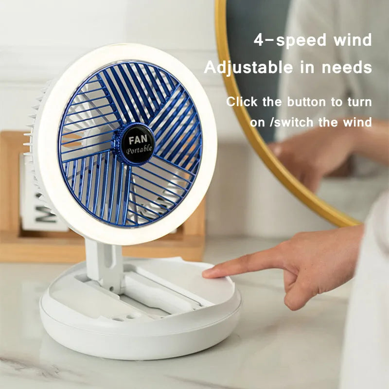 Blue or grey foldable USB fan with LED light showing desk and wall mounting options