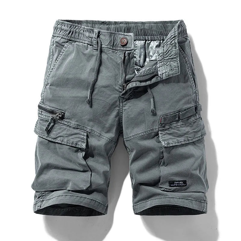 Men's cotton multi-pocket shorts in Army Green with zipper details and a Korean-style fifth-pants length.