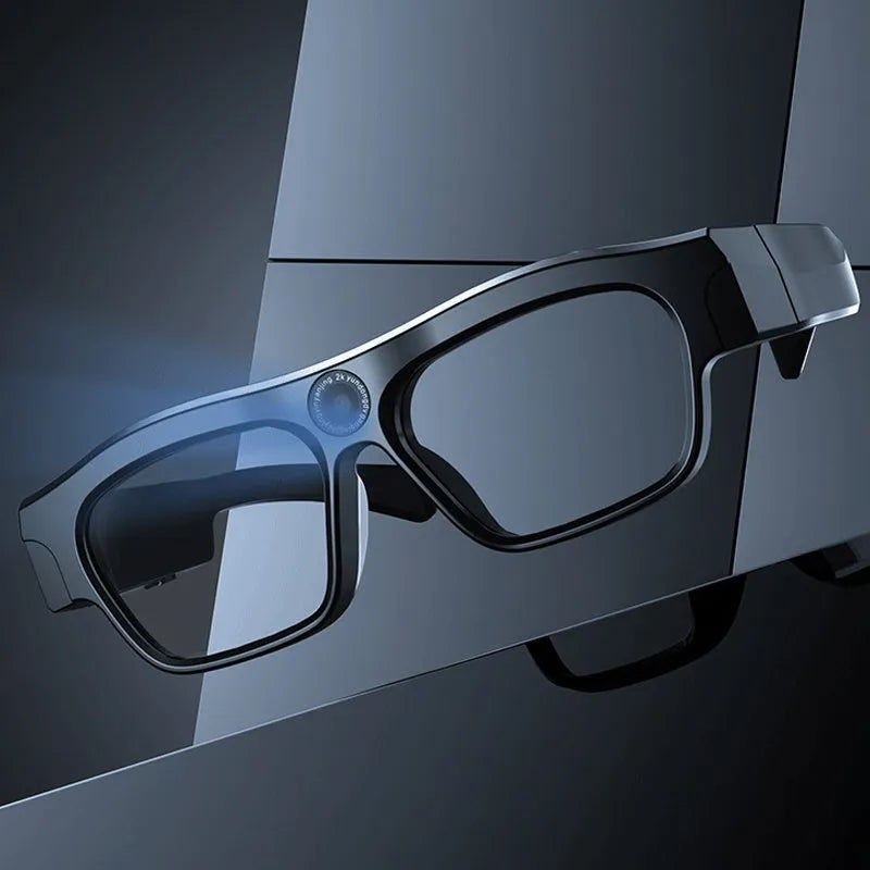 Black smart Bluetooth glasses with integrated camera for video recording