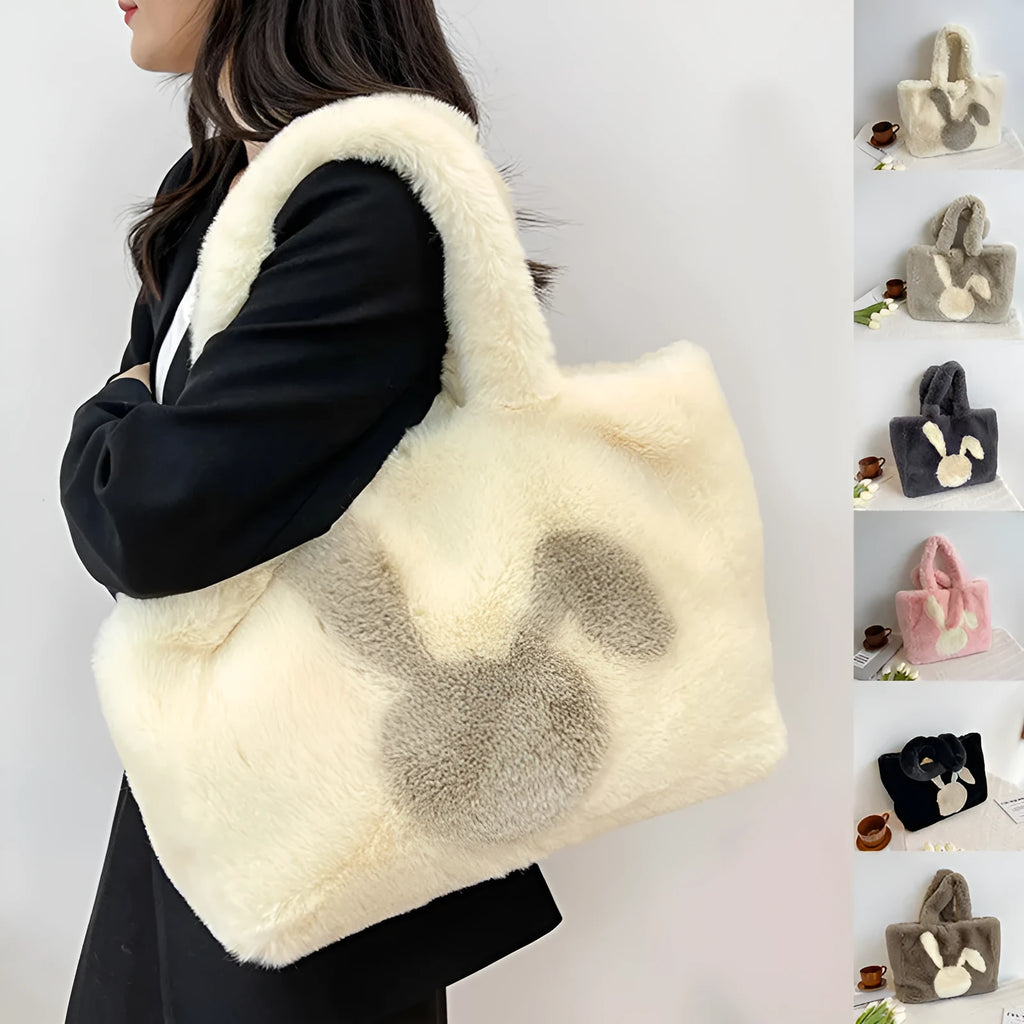 Plush shoulder bag with cartoon rabbit ears design in solid colour options