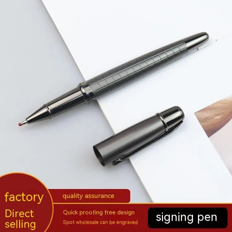 Gun grey metal rollerball pen for business use with black and blue refill options