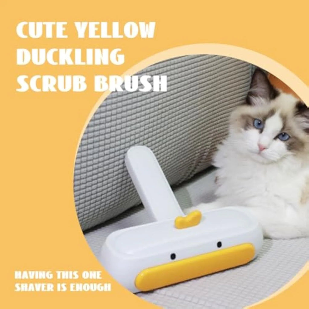 White portable pet hair remover tool with yellow duck design for reusable pet hair removal