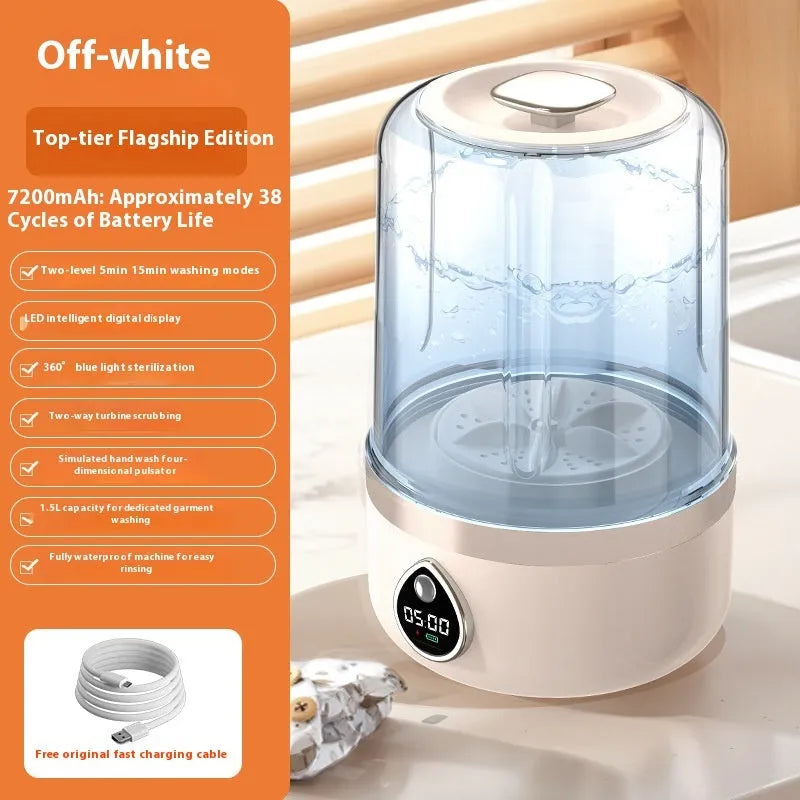 White portable USB charging mini washing machine with compact plastic housing on a countertop.