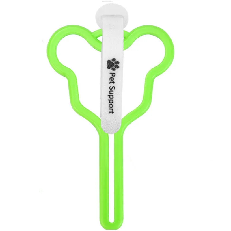 A dog poop bag holder with a fixed clip and adjustable Velcro strap, shown in a random colour.