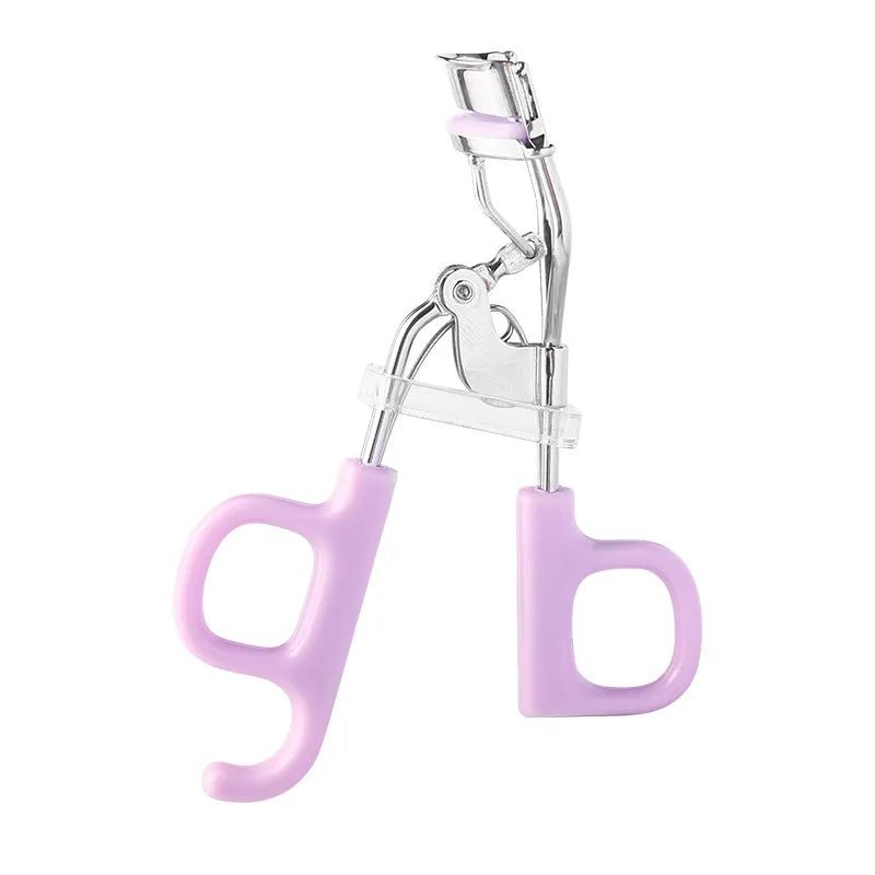 A4 chrome eyelash curler with scissor handles and a tail, shown in pink and purple colour options.