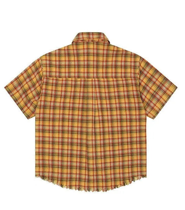 Yellow grid pattern short sleeve plaid shirt with embroidered pocket detail in loose fit