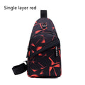 Men's print sling chest bag with earphone hole, Oxford cloth construction, showing front view with zipper opening