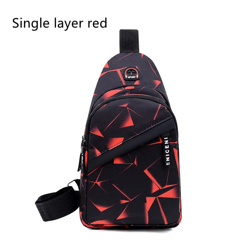 Men's print sling chest bag with earphone hole, Oxford cloth construction, showing front view with zipper opening