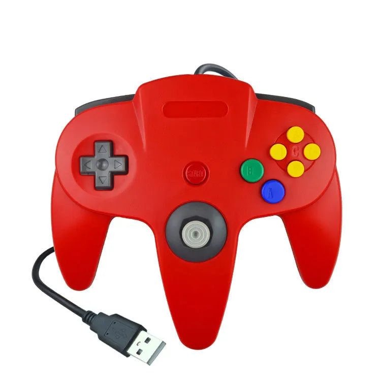 USB N64 computer game controller for PC in various colours including transparent blue, green, and red.