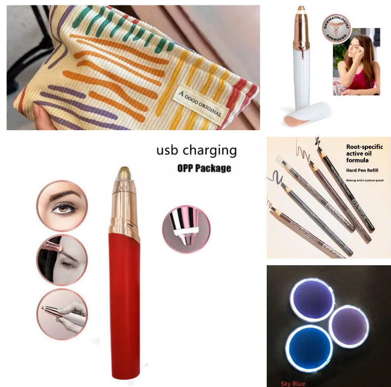 Eyebrow epilator pen with gold plated head and LED light on pink background