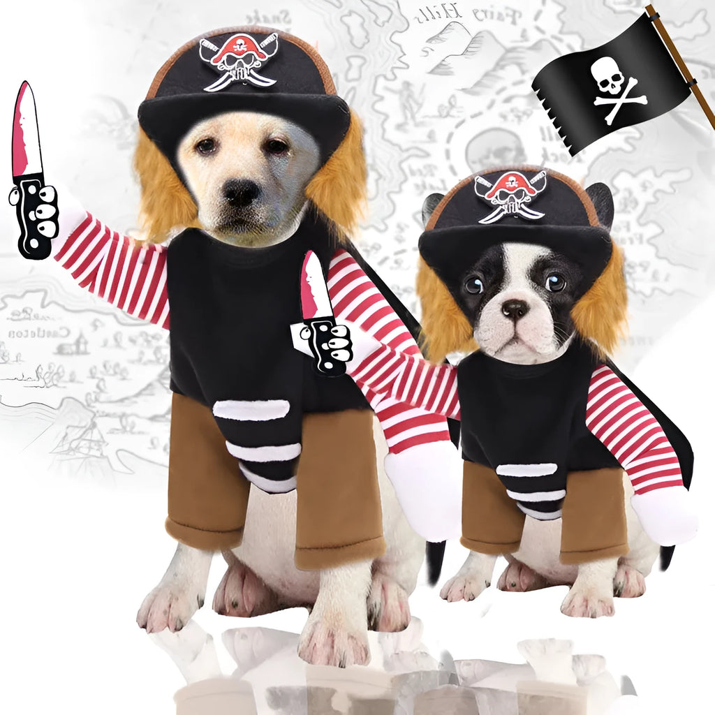 Pirate pet costume for dog or cat made from polyester, includes hat, available in multiple sizes