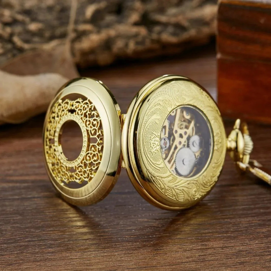 Retro floral print automatic mechanical pocket watch with transparent case back and alloy construction