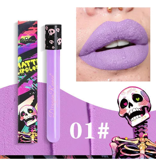 Halloween skull test tube containing gold and silver matte lip gloss for waterproof costume makeup.