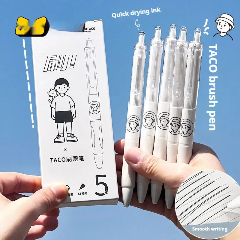 Five black ballpoint pens with 0.5mm tips from Taco series with quick-drying ink