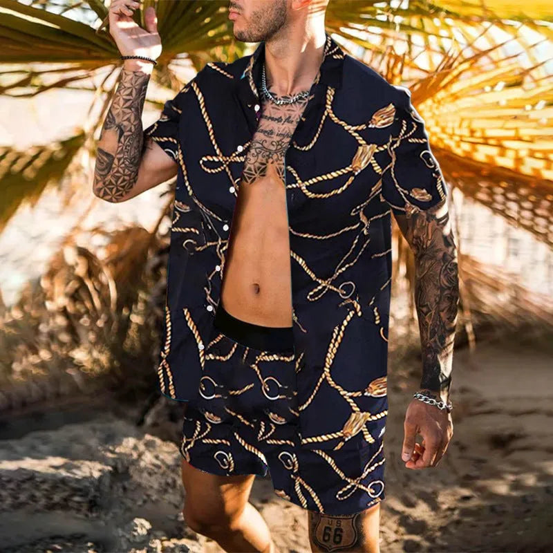 Men's Hawaiian set with polyester four-way stretch shirt and beach shorts, sizes S-XXXL, three styles